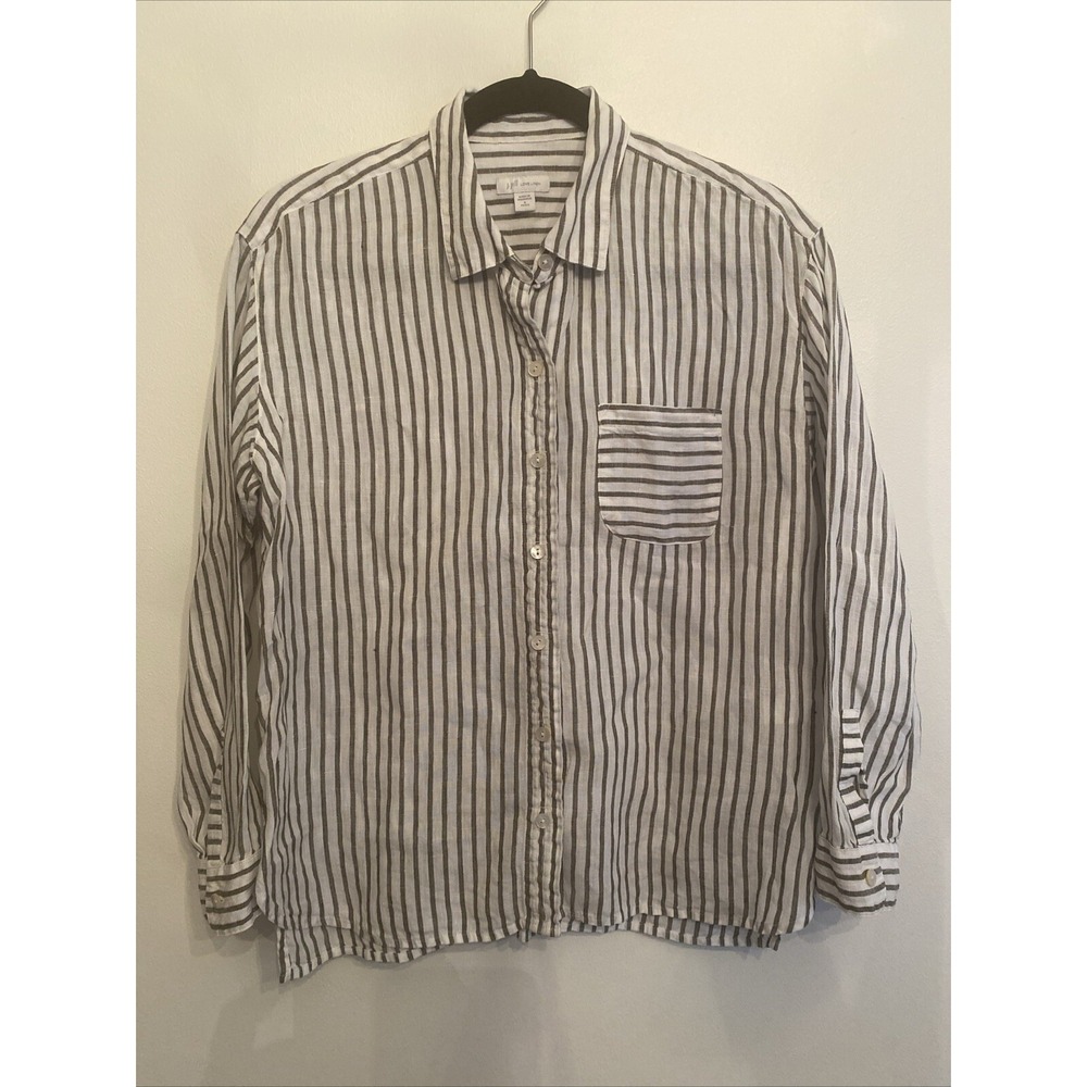 J. Jill Love Linen Gray White Stripe Linen Button‎ Up Shirt Size SP Small